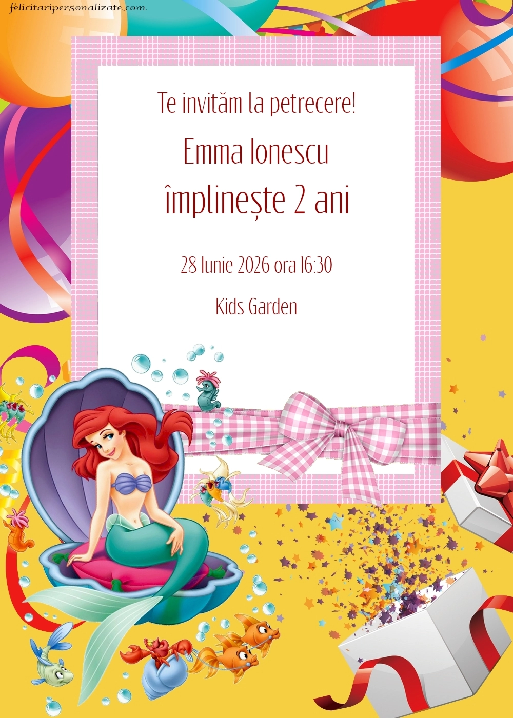 Exemplu completat: Invitație cu Ariel