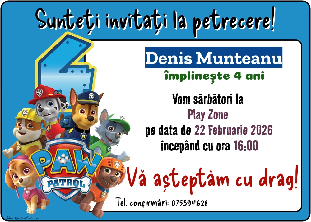 Exemplu completat: Invitație cu Patrula catelusilor