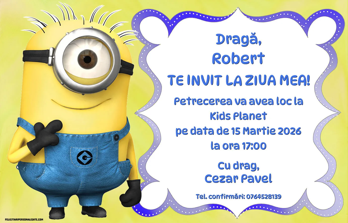 Exemplu completat: Invitație cu Minioni