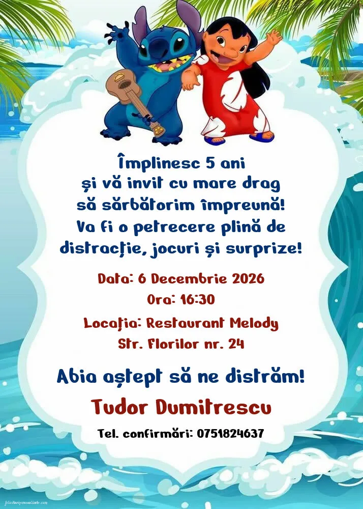 Invitație cu Lilo și Stitch