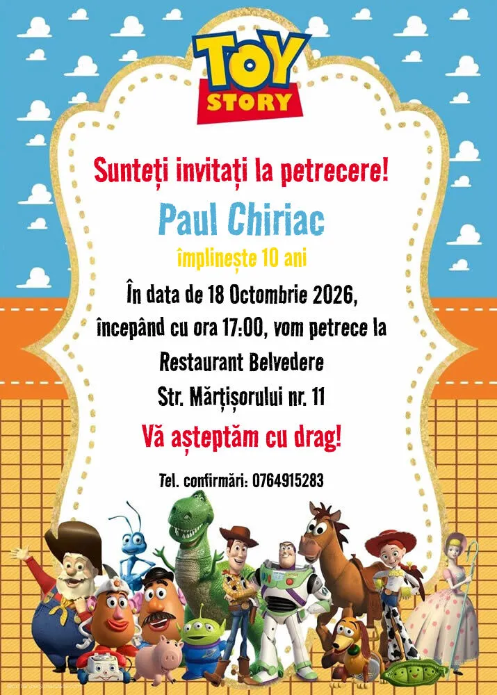 Exemplu completat: Invitație cu Toy Story