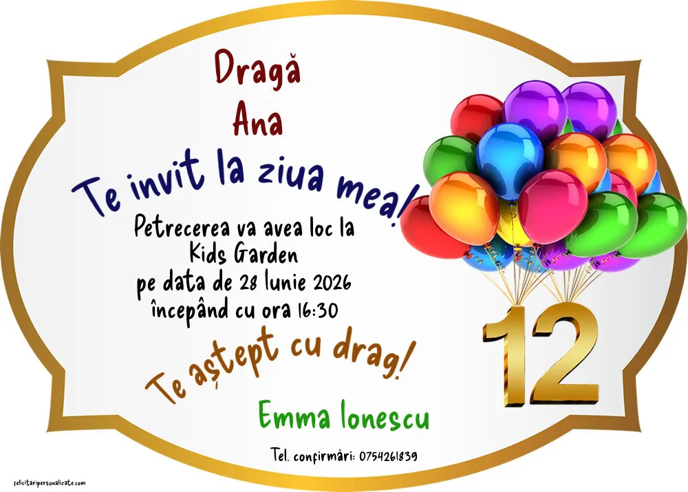 Exemplu completat: Invitație pentru 12 ani