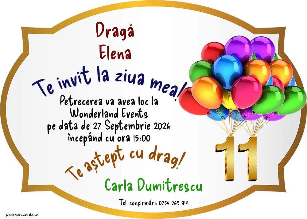Exemplu completat: Invitație pentru 11 ani