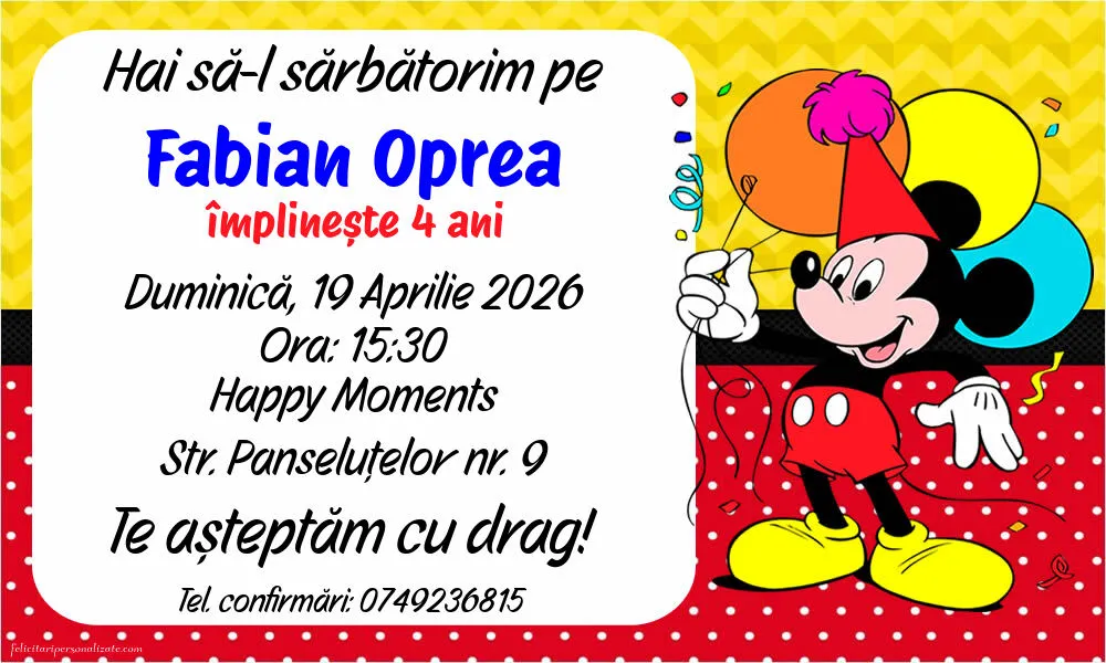 Invitație cu Mickey Mouse
