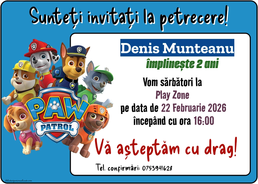 Exemplu completat: Invitație cu Patrula catelusilor