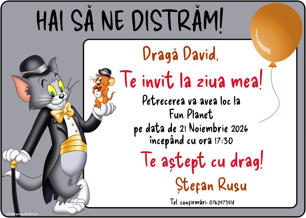 Exemplu completat: Invitație cu Tom și Jerry