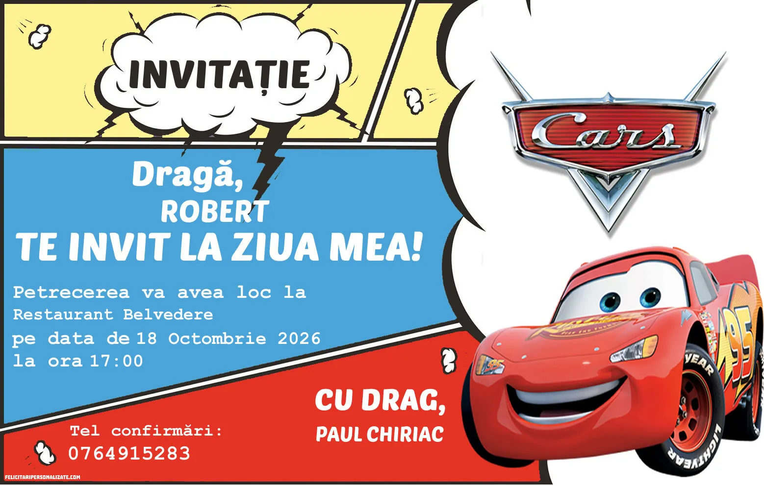 Exemplu completat: Invitație cu Cars