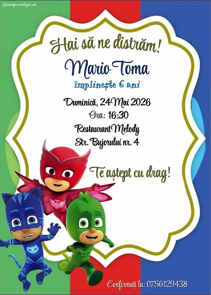 Exemplu completat: Invitație cu Eroi in pijamale