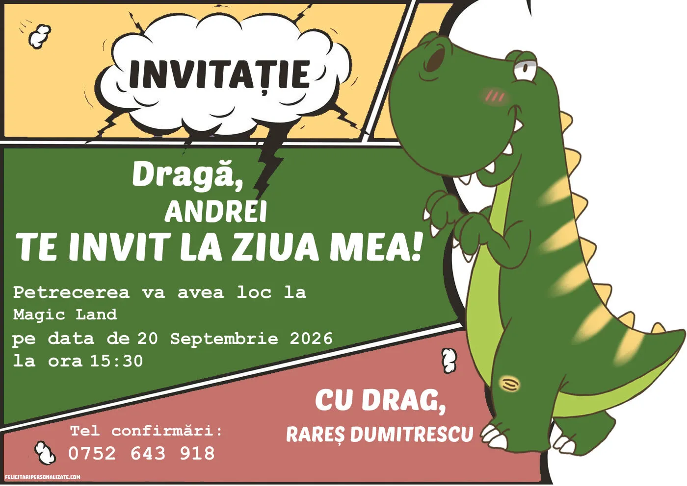 Exemplu completat: Invitație cu dinozaur