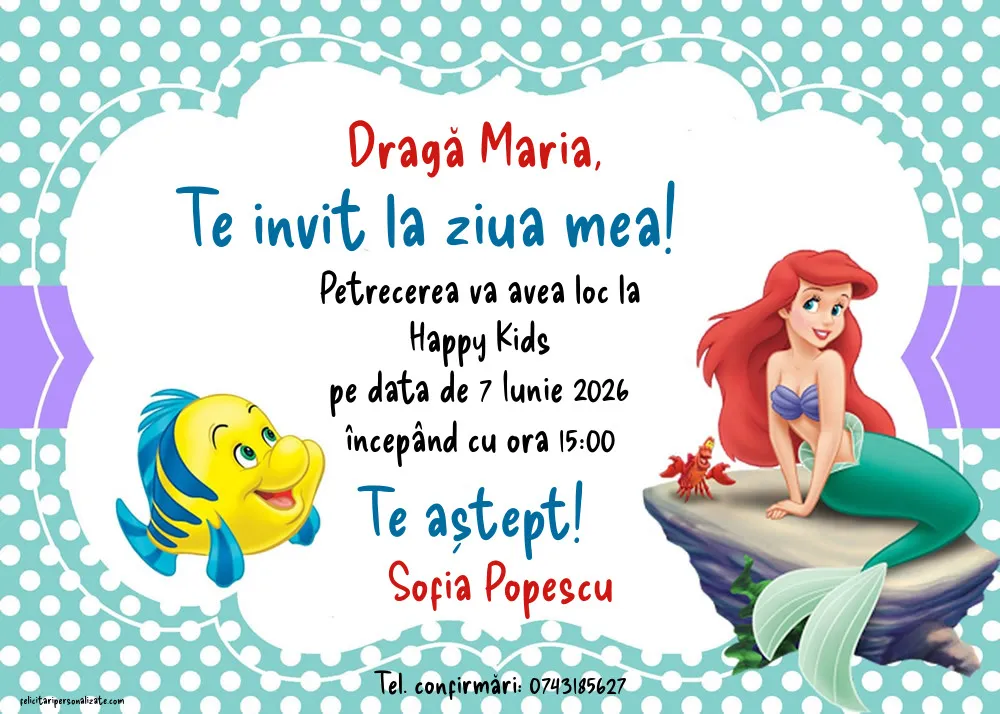 Exemplu completat: Invitație cu Ariel