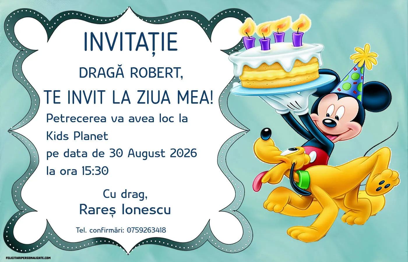 Exemplu completat: Invitație cu Mickey Mouse