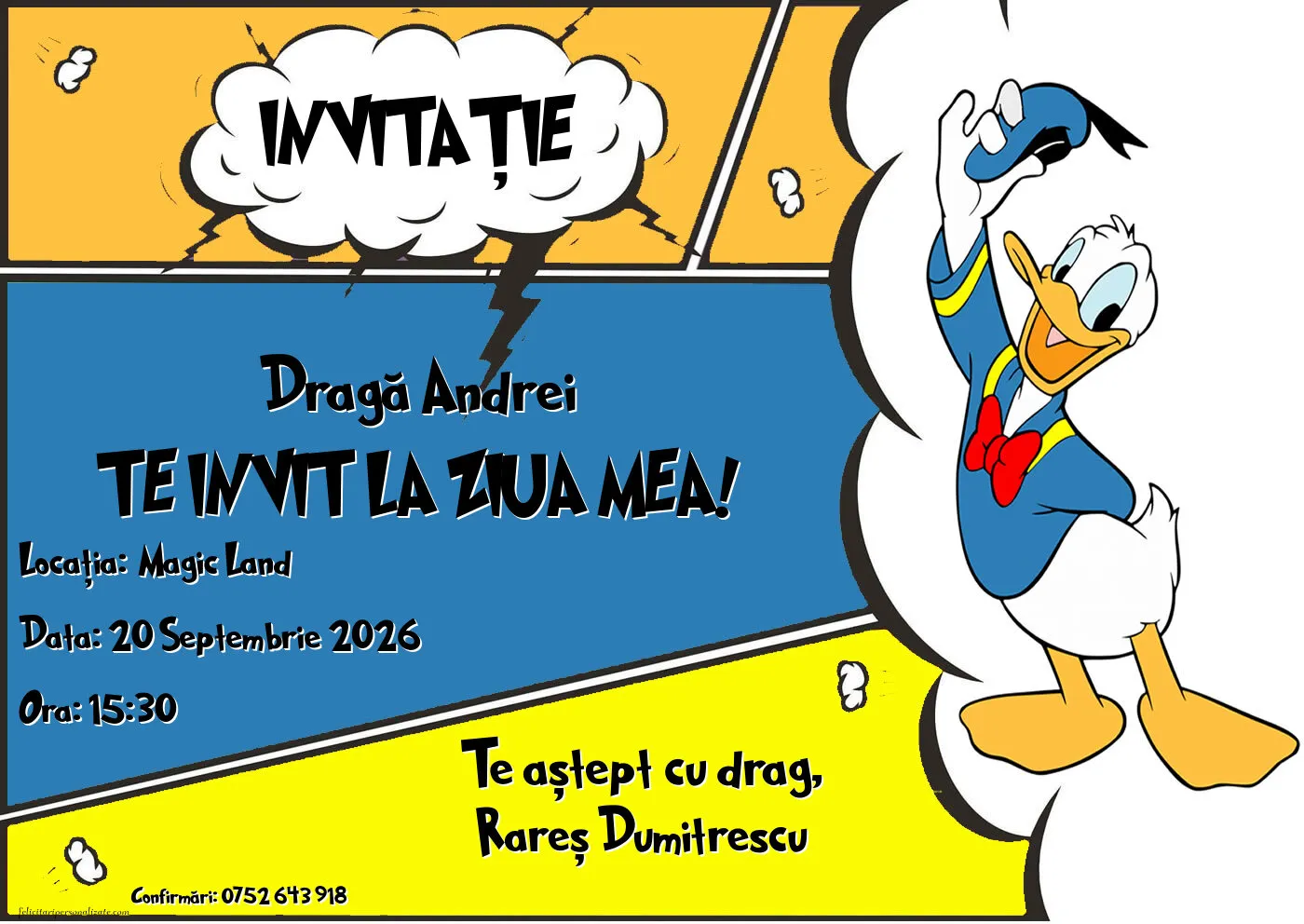 Exemplu completat: Invitație cu Donald Duck