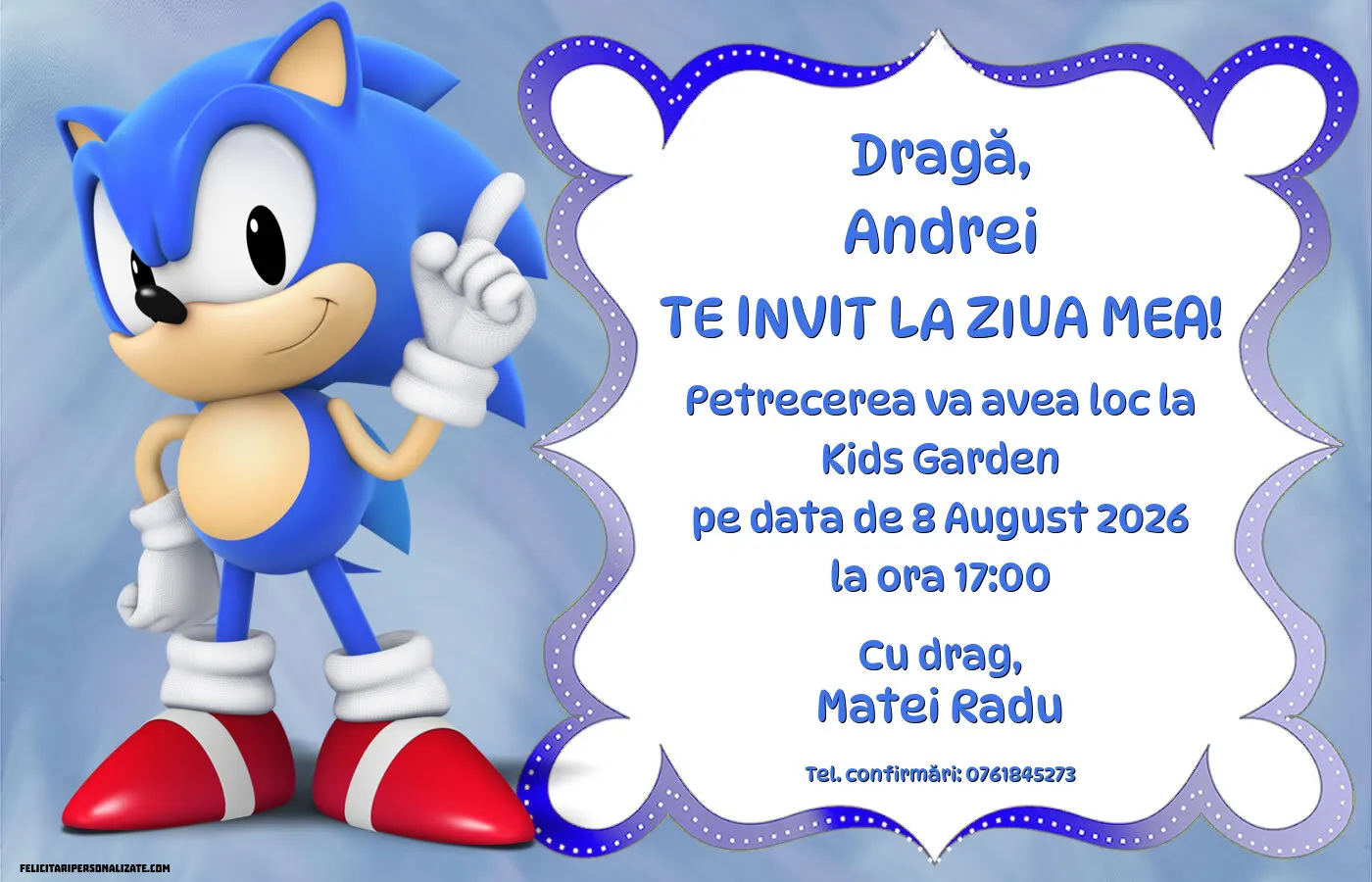 Exemplu completat: Invitație cu Ariciul Sonic