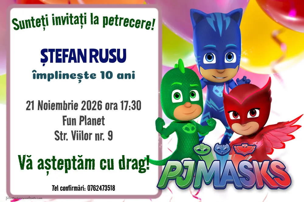 Exemplu completat: Invitație cu Eroi in pijamale