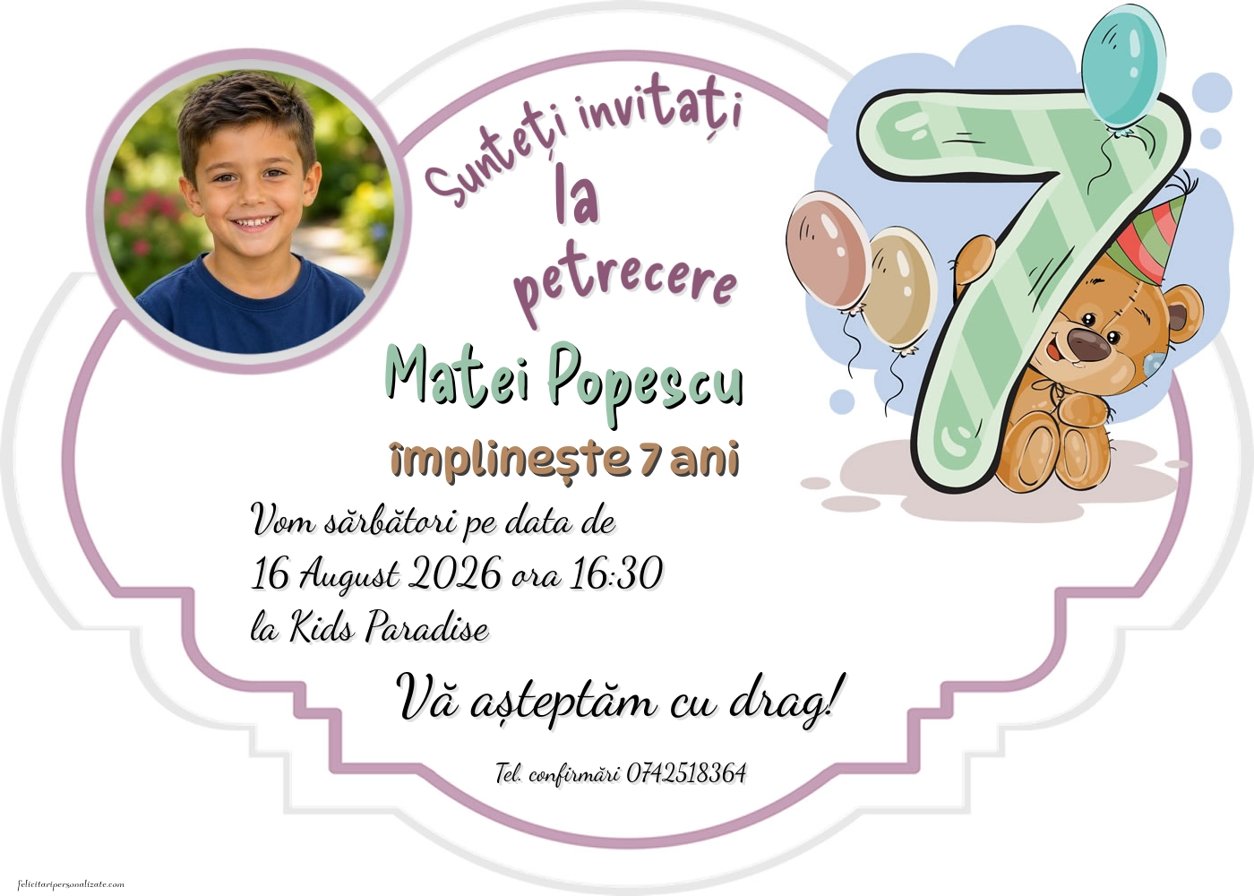 Exemplu completat: Invitație cu Teddy