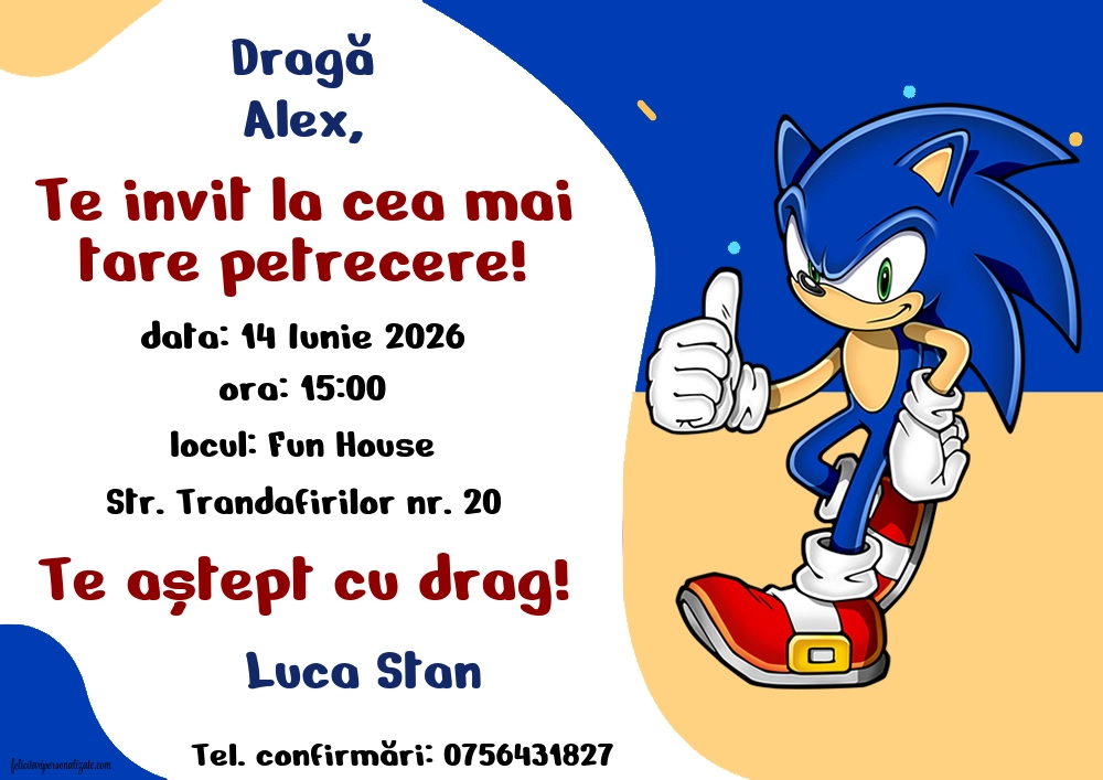 Exemplu completat: Invitație cu Ariciul Sonic