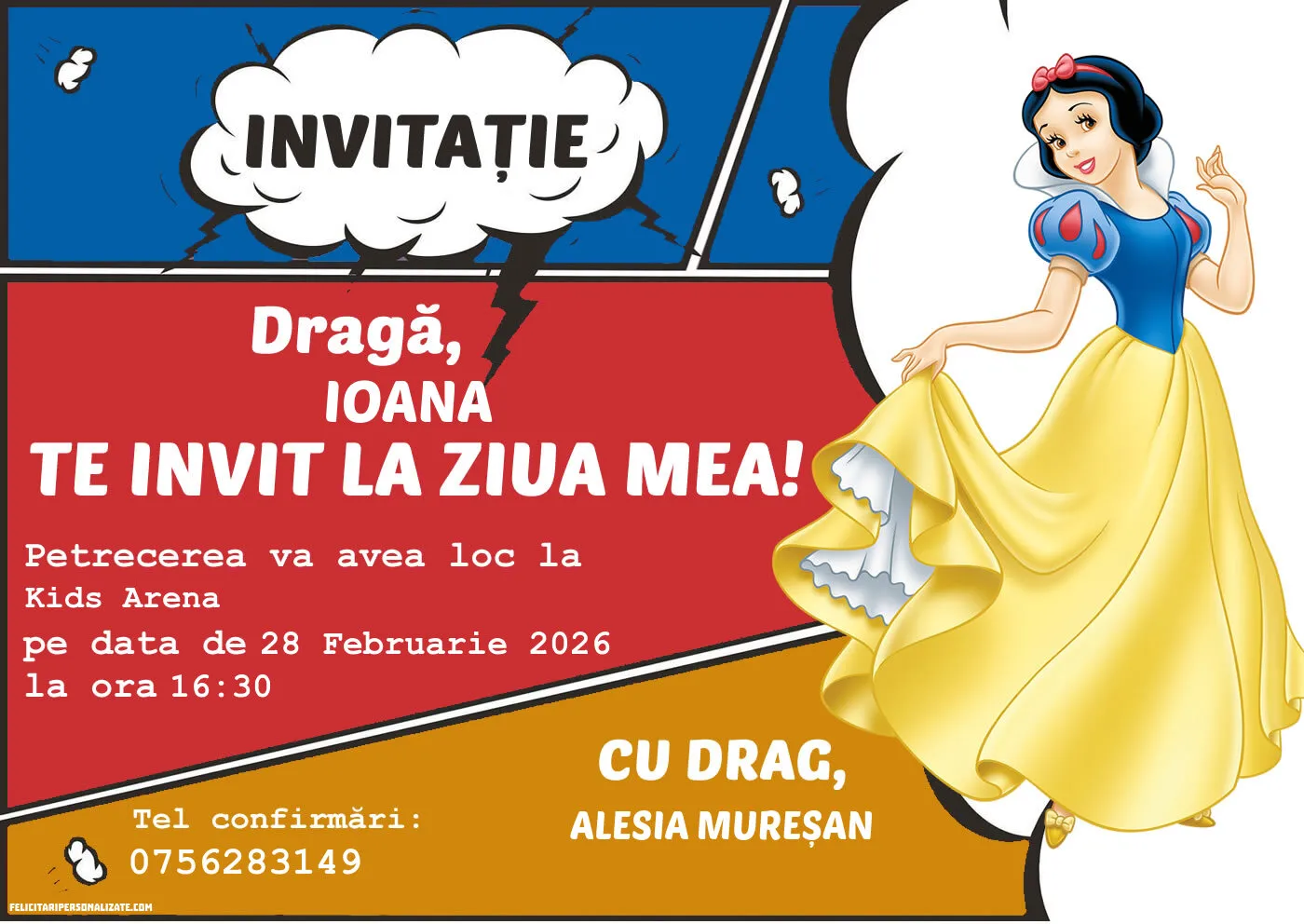 Exemplu completat: Invitație cu Albă ca Zăpada