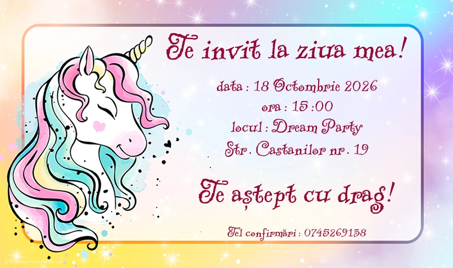 Exemplu completat: Invitație cu unicorn