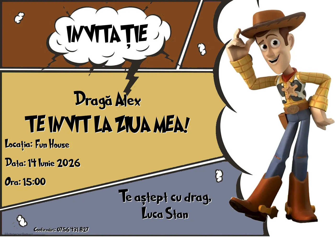 Exemplu completat: Invitație cu Toy Story