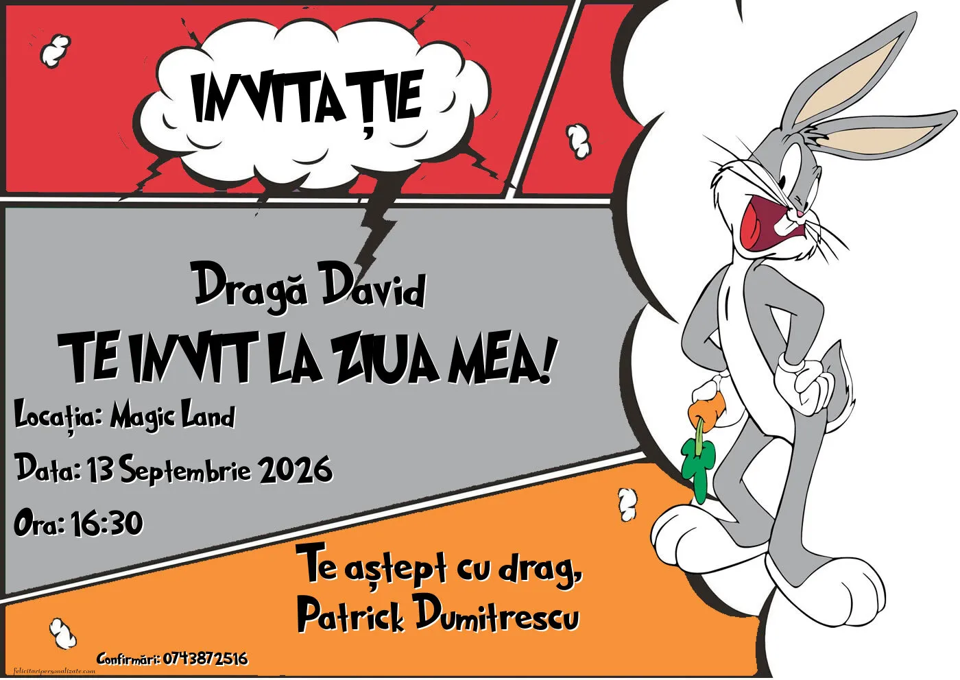 Exemplu completat: Invitație cu Bugs Bunny