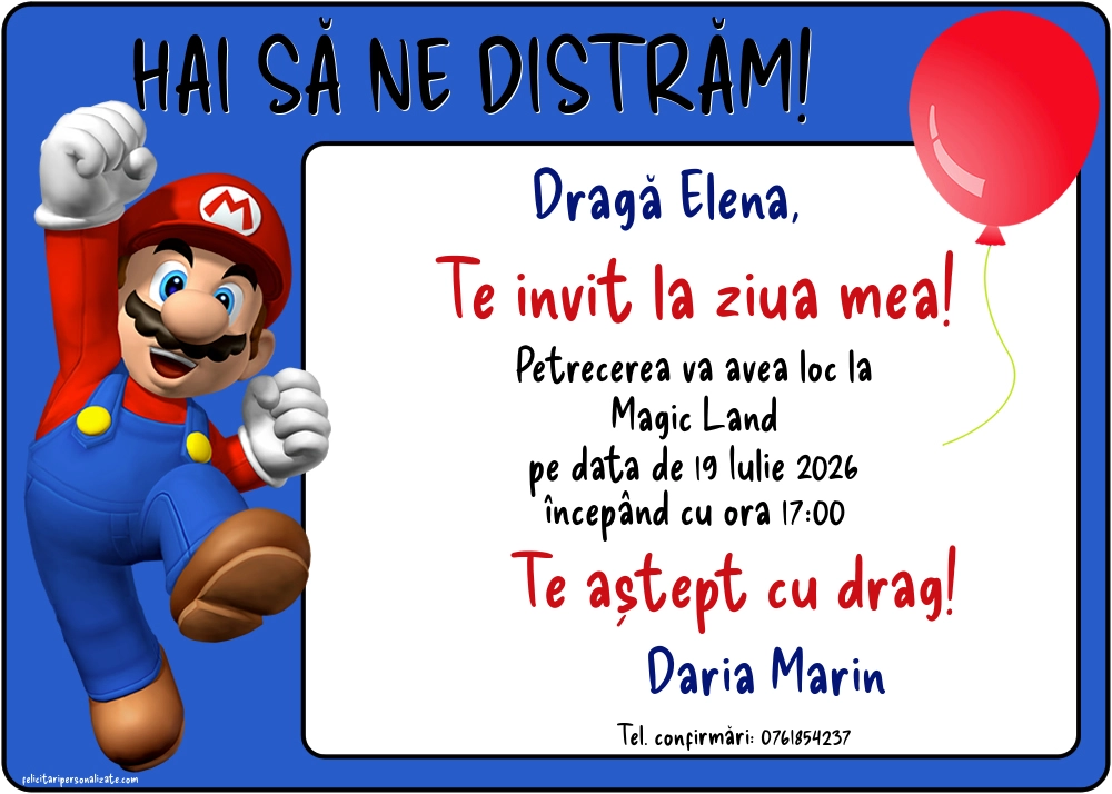 Exemplu completat: Invitație cu Mario