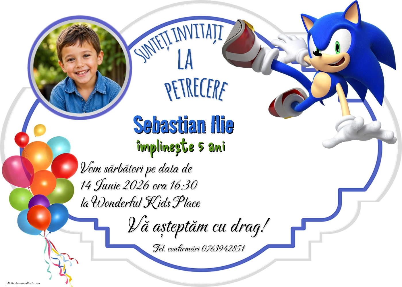 Exemplu completat: Invitație cu Ariciul Sonic