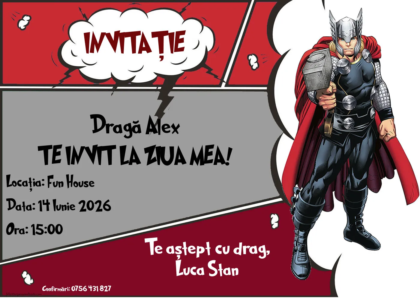 Exemplu completat: Invitație cu Thor