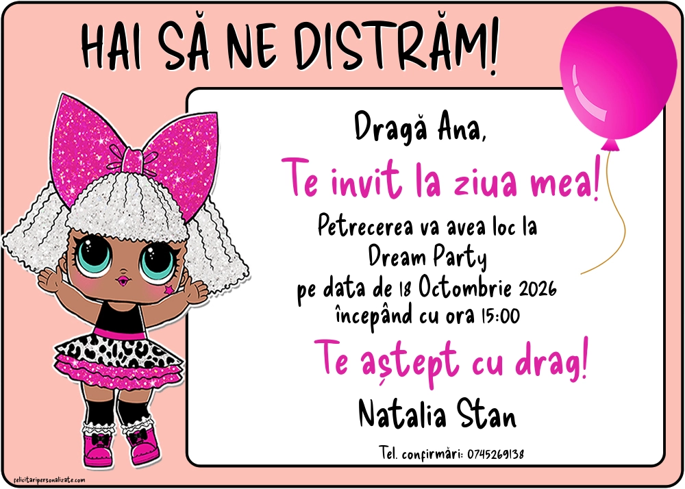Exemplu completat: Invitație cu LOL Surprise