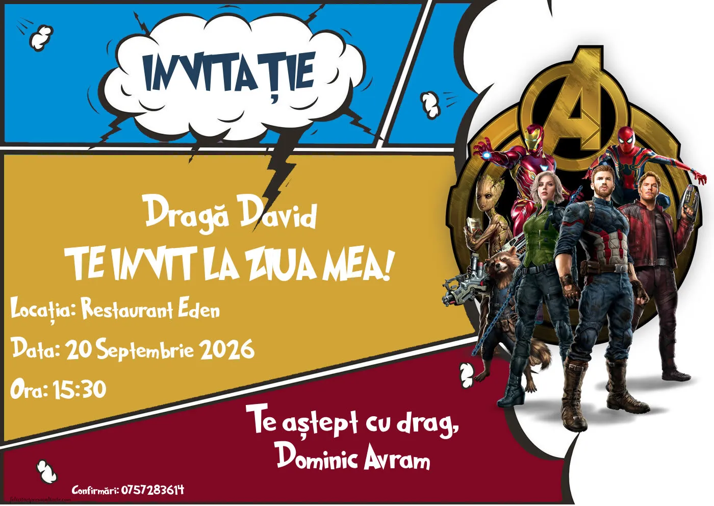 Exemplu completat: Invitație cu Avengers