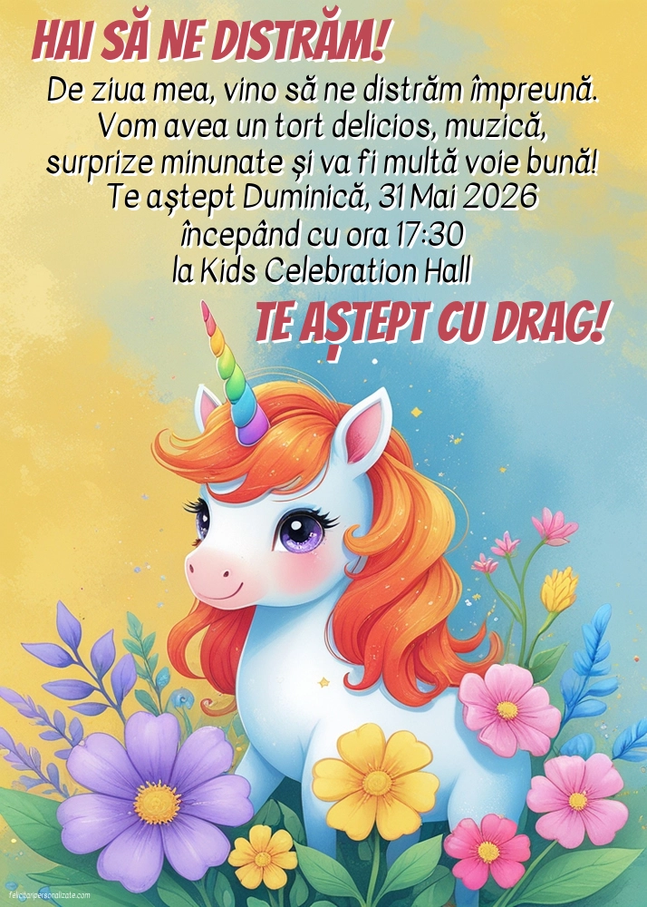 Exemplu completat: Invitație cu unicorn
