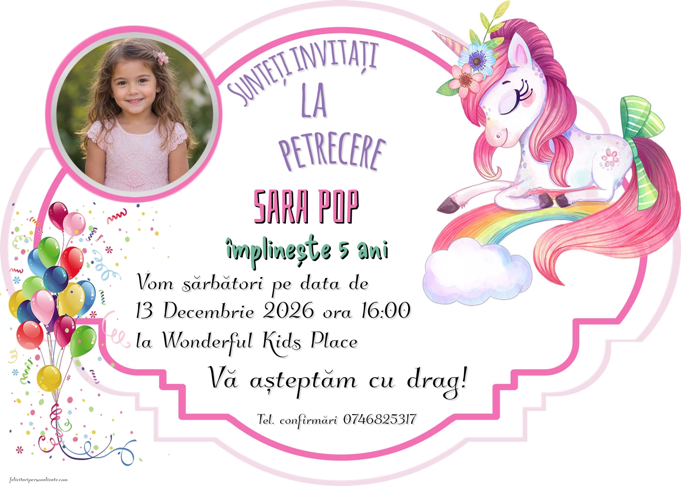 Exemplu completat: Invitație cu unicorn