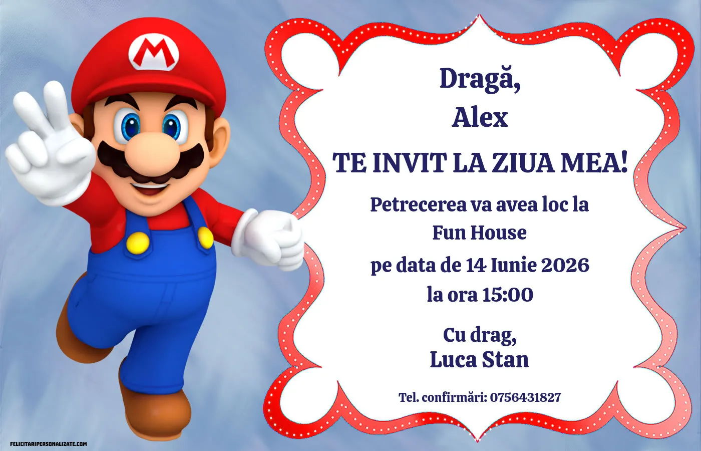Exemplu completat: Invitație cu Mario