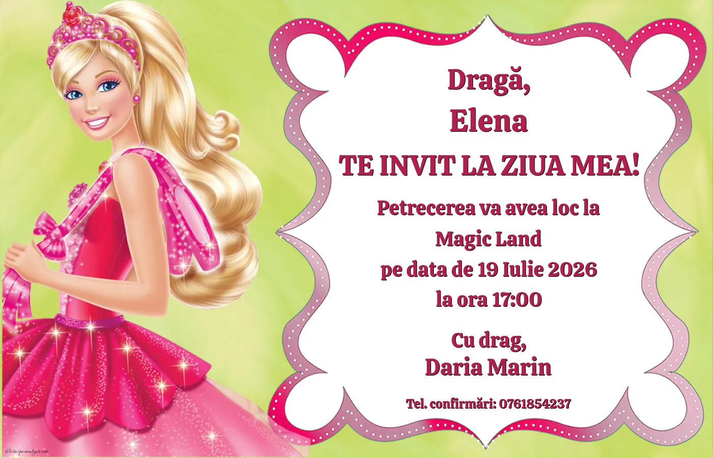 Exemplu completat: Invitație cu Barbie