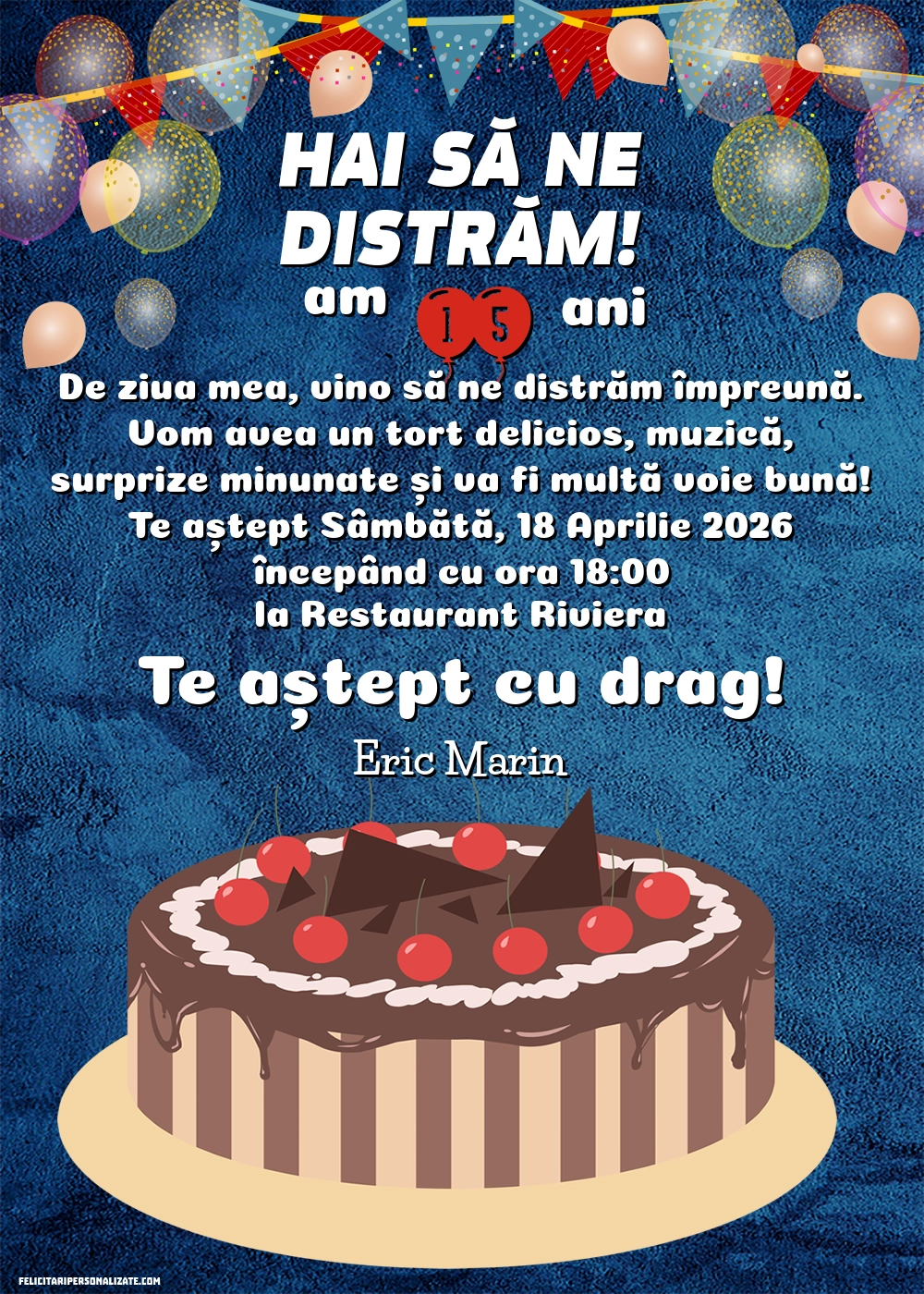 Exemplu completat: Invitație pentru 15 ani