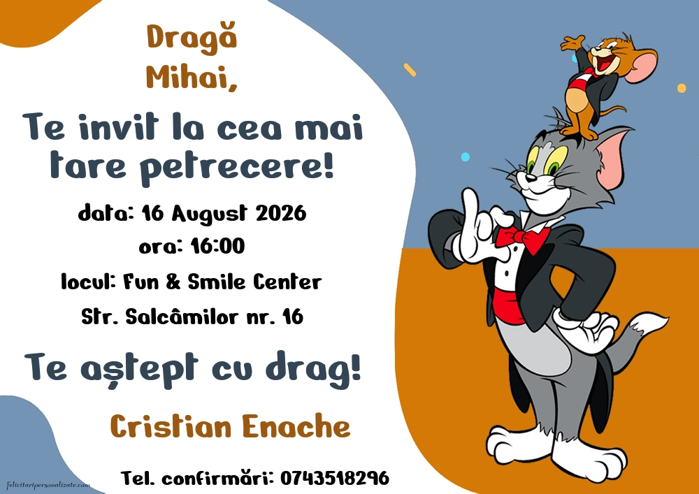 Exemplu completat: Invitație cu Tom și Jerry