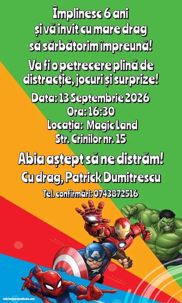 Exemplu completat: Invitație cu Avengers