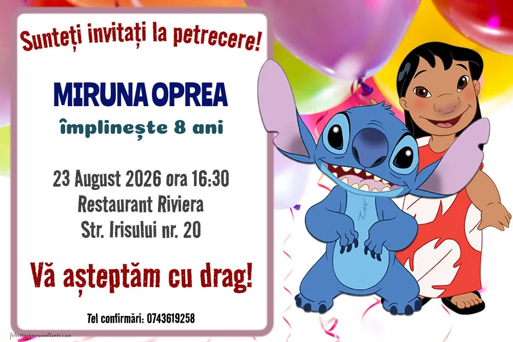 Invitație cu Lilo și Stitch