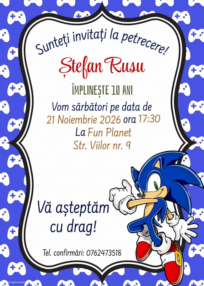 Exemplu completat: Invitație cu Ariciul Sonic