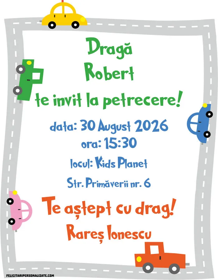 Exemplu completat: Invitație cu mașini