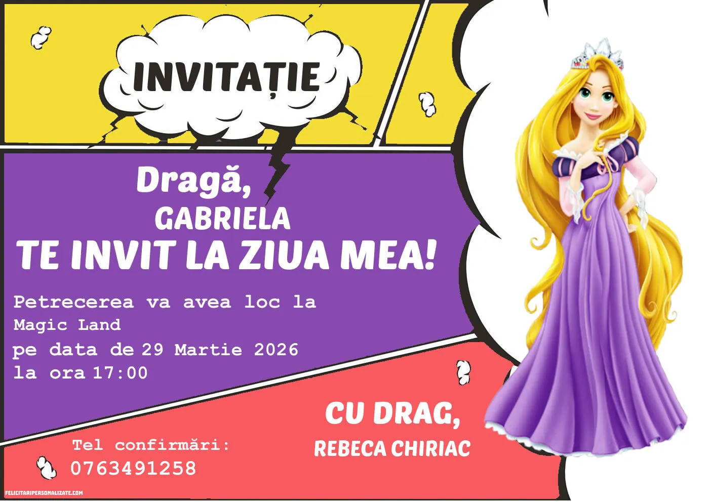 Exemplu completat: Invitație cu Rapunzel