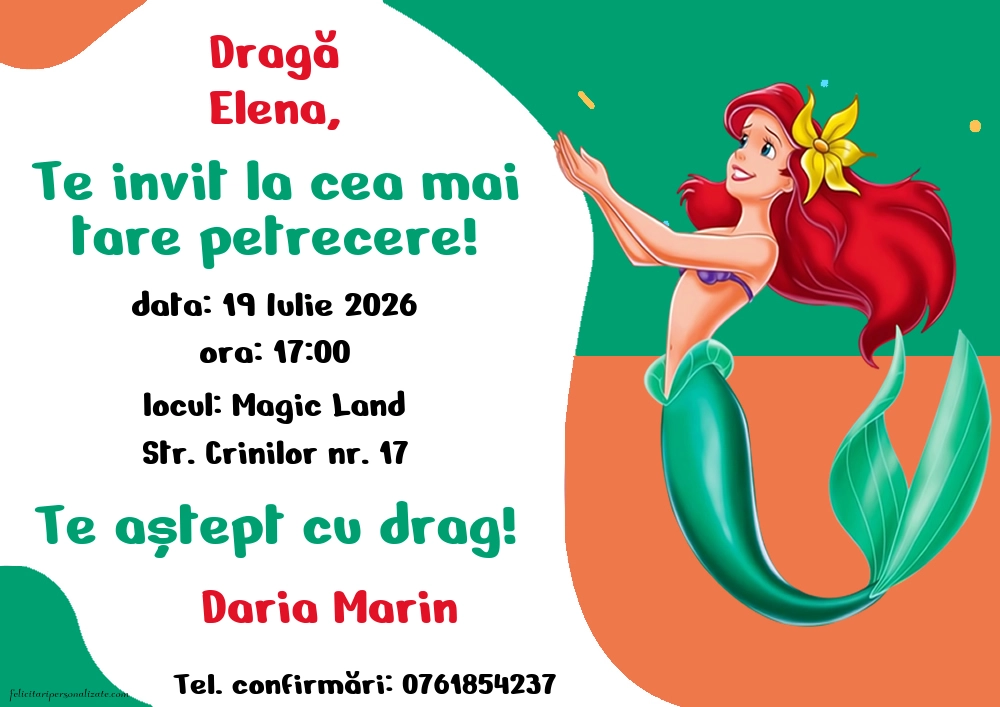 Exemplu completat: Invitație cu Ariel