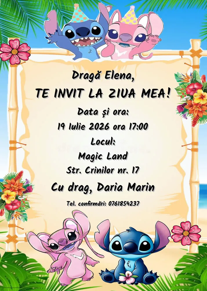 Invitație cu Lilo și Stitch