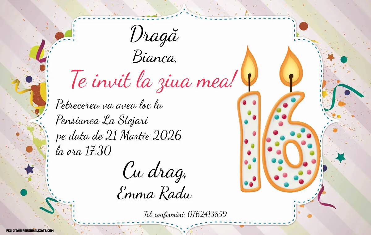Exemplu completat: Invitație pentru 16 ani