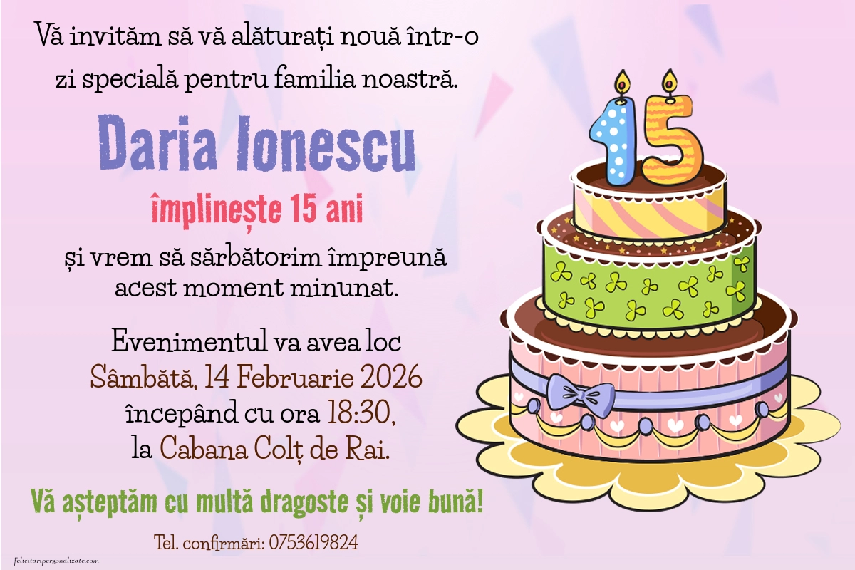 Exemplu completat: Invitație pentru 15 ani