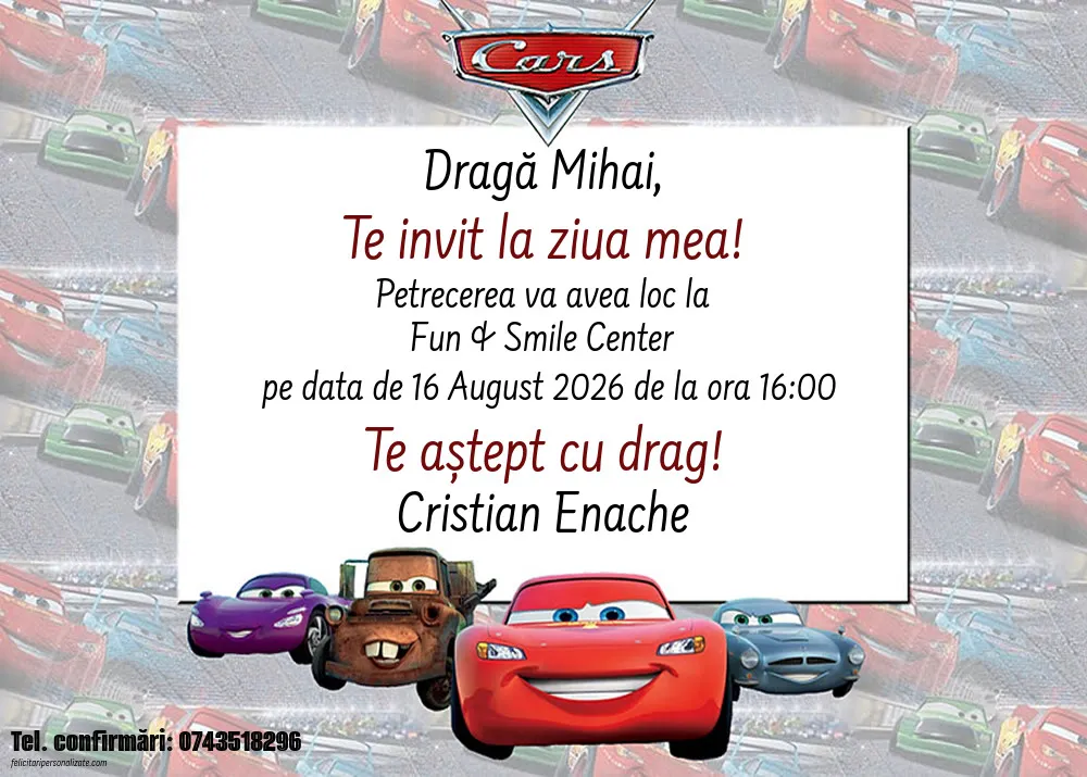 Exemplu completat: Invitație cu Cars