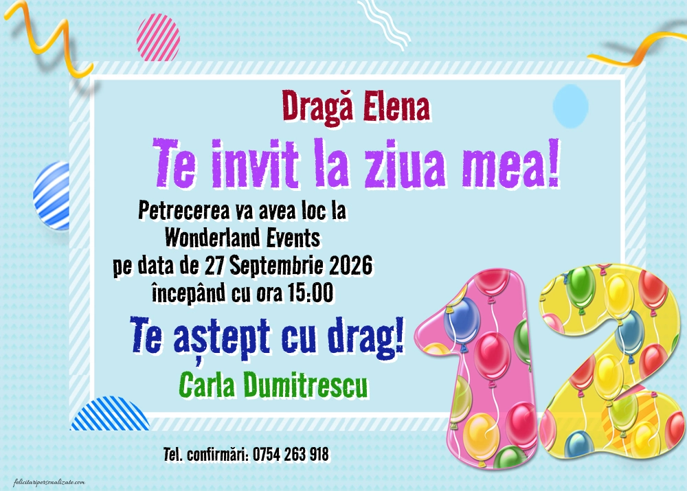 Exemplu completat: Invitație pentru 12 ani