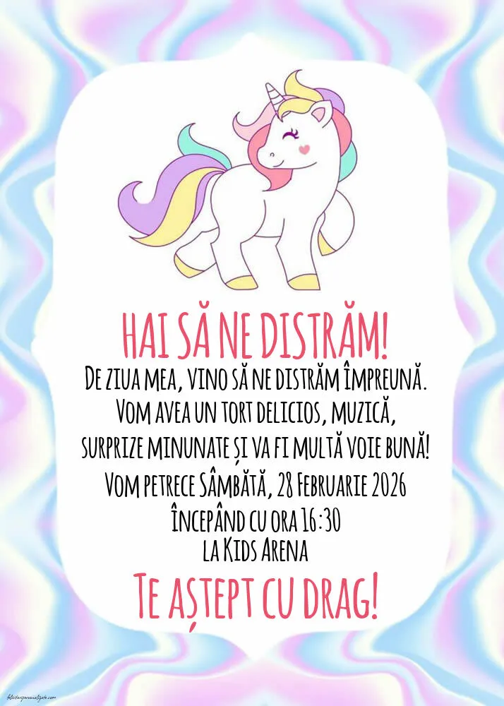 Exemplu completat: Invitație cu unicorn