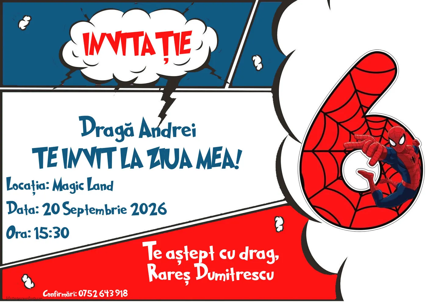 Exemplu completat: Invitație cu Spiderman