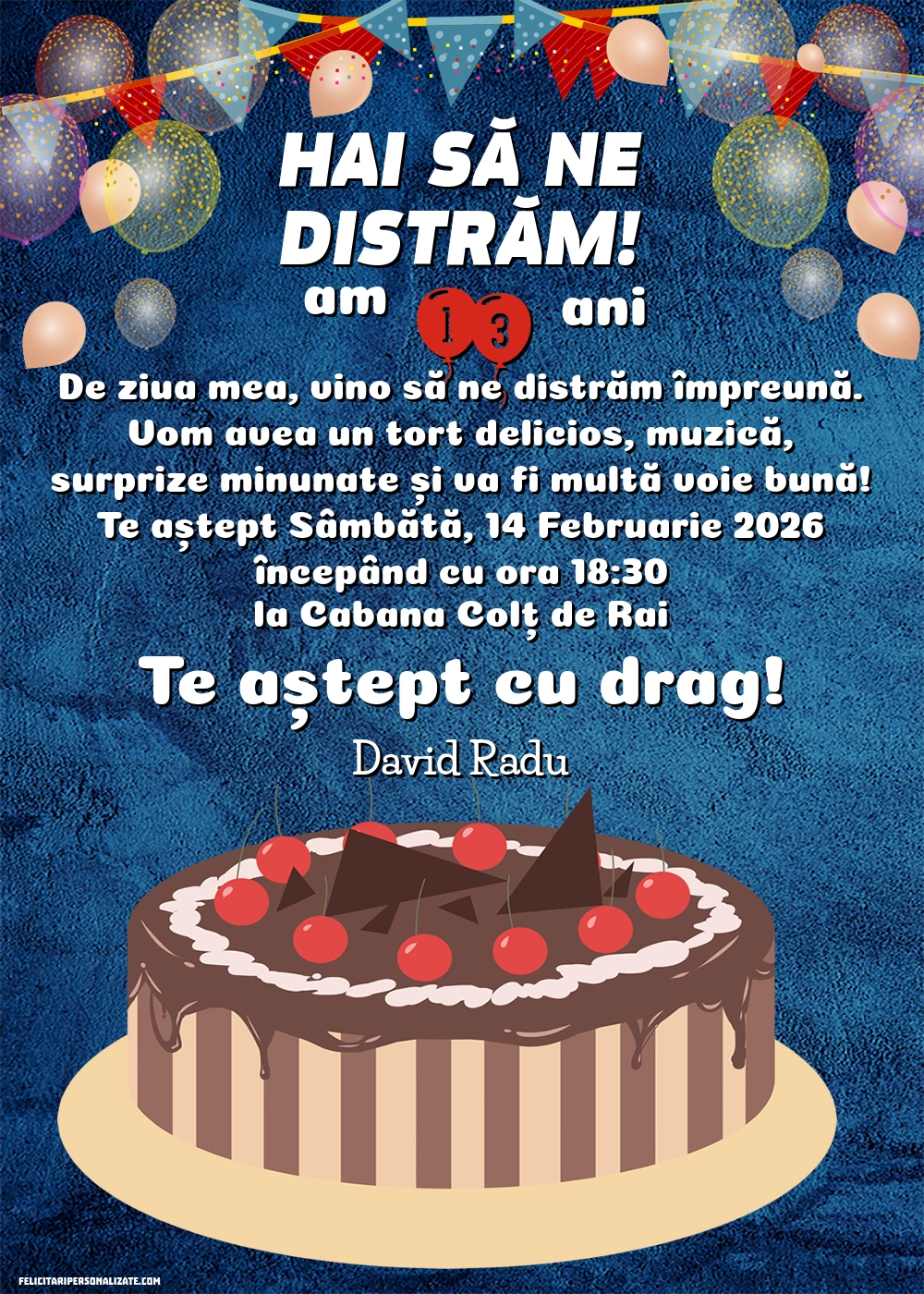 Exemplu completat: Invitație pentru 13 ani