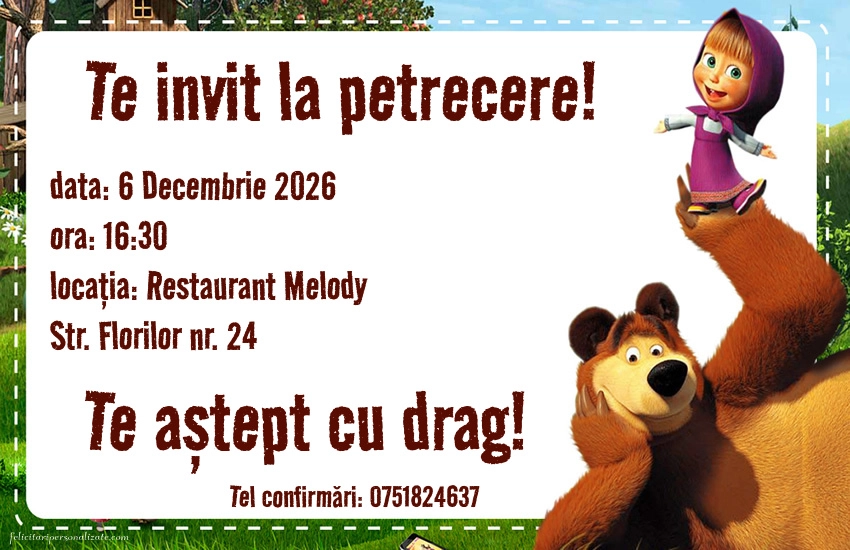 Exemplu completat: Invitație cu Masha și ursul